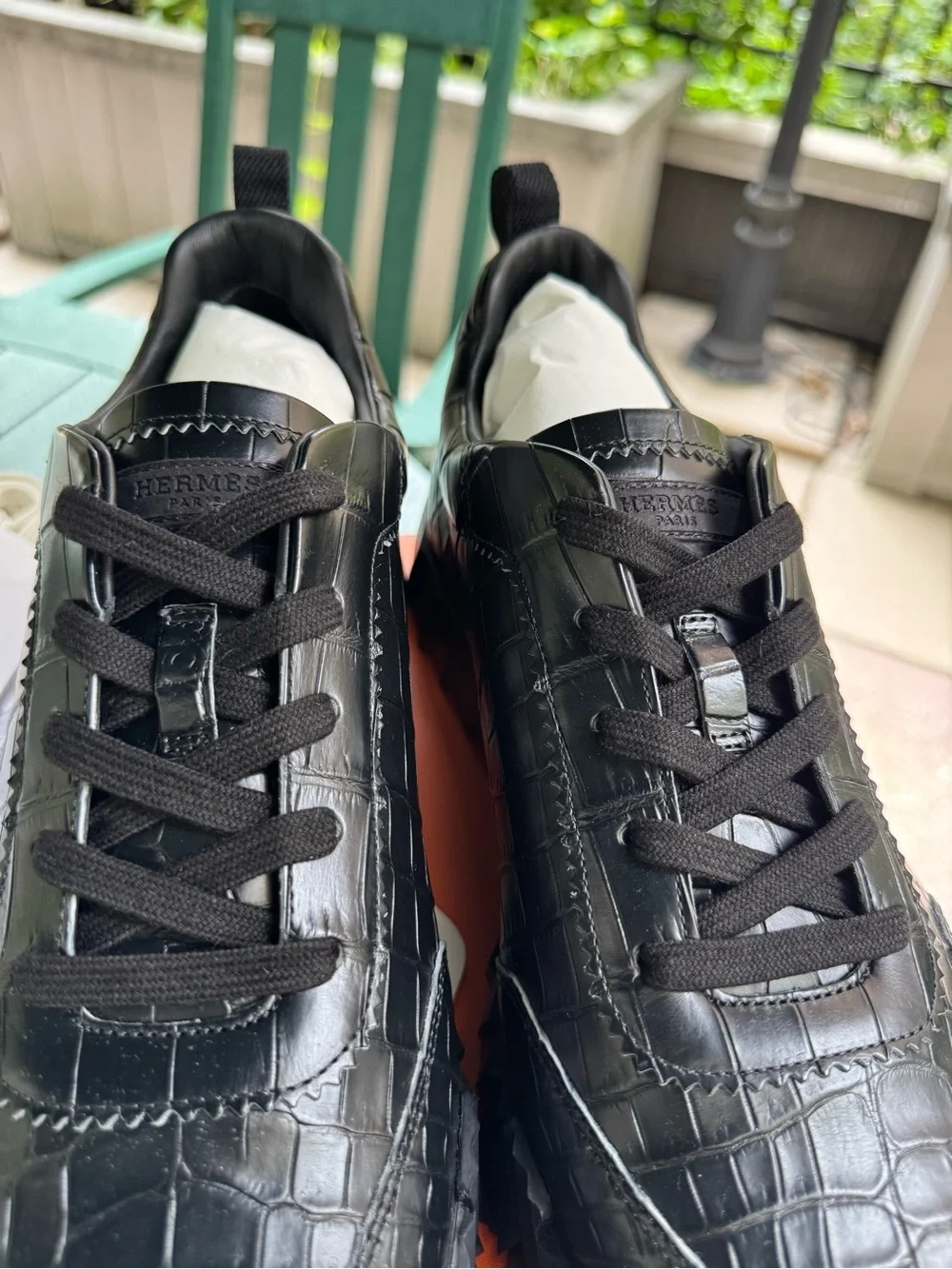 Hermes Black Croc-Embossed Leather Sneakers